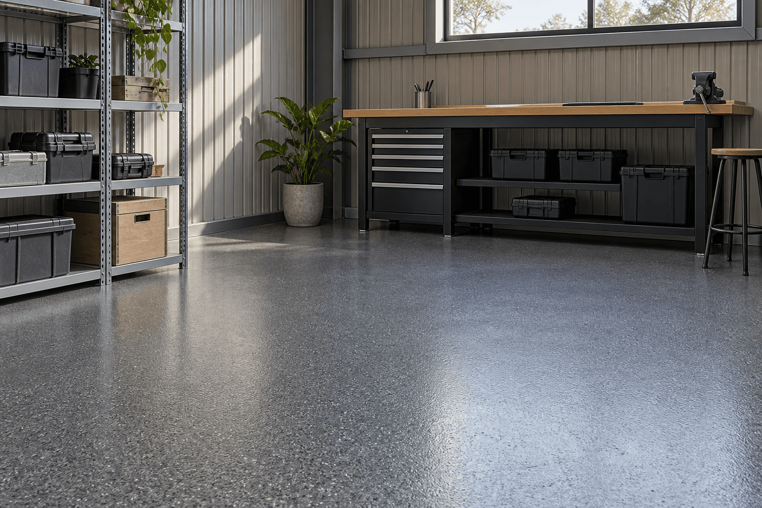 Satin charcoal epoxy workshop floor beneath a timber-topped steel workbench.