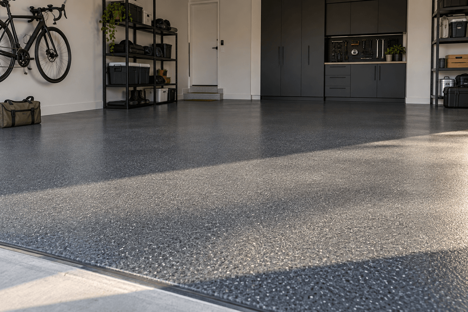 Graphite flake epoxy garage floor with organised dark cabinets and afternoon light.